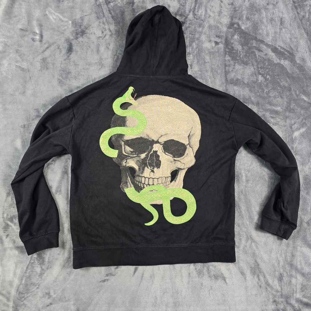 Rhinestone Skull Snake Hoodie Mens L Black Gothic Graphic Pullover